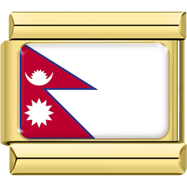 Unique double-triangle flag of Nepal in red with blue border featuring white sun and moon inside a gold charm frame